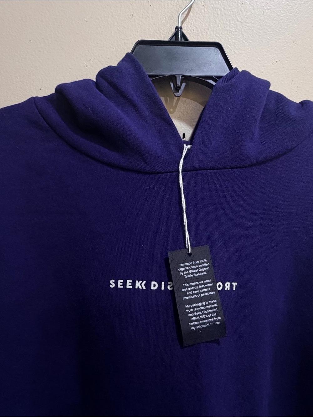 Organic Cotton Seek Discomfort Men's Deep Purple Hoodie Sweatshirt. - Picture 5 of 11